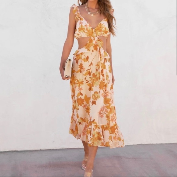 MEET ME UNDER THE SUN RUFFLE FLORAL CUT OUT MIDI DRESS - Picture 3 of 6